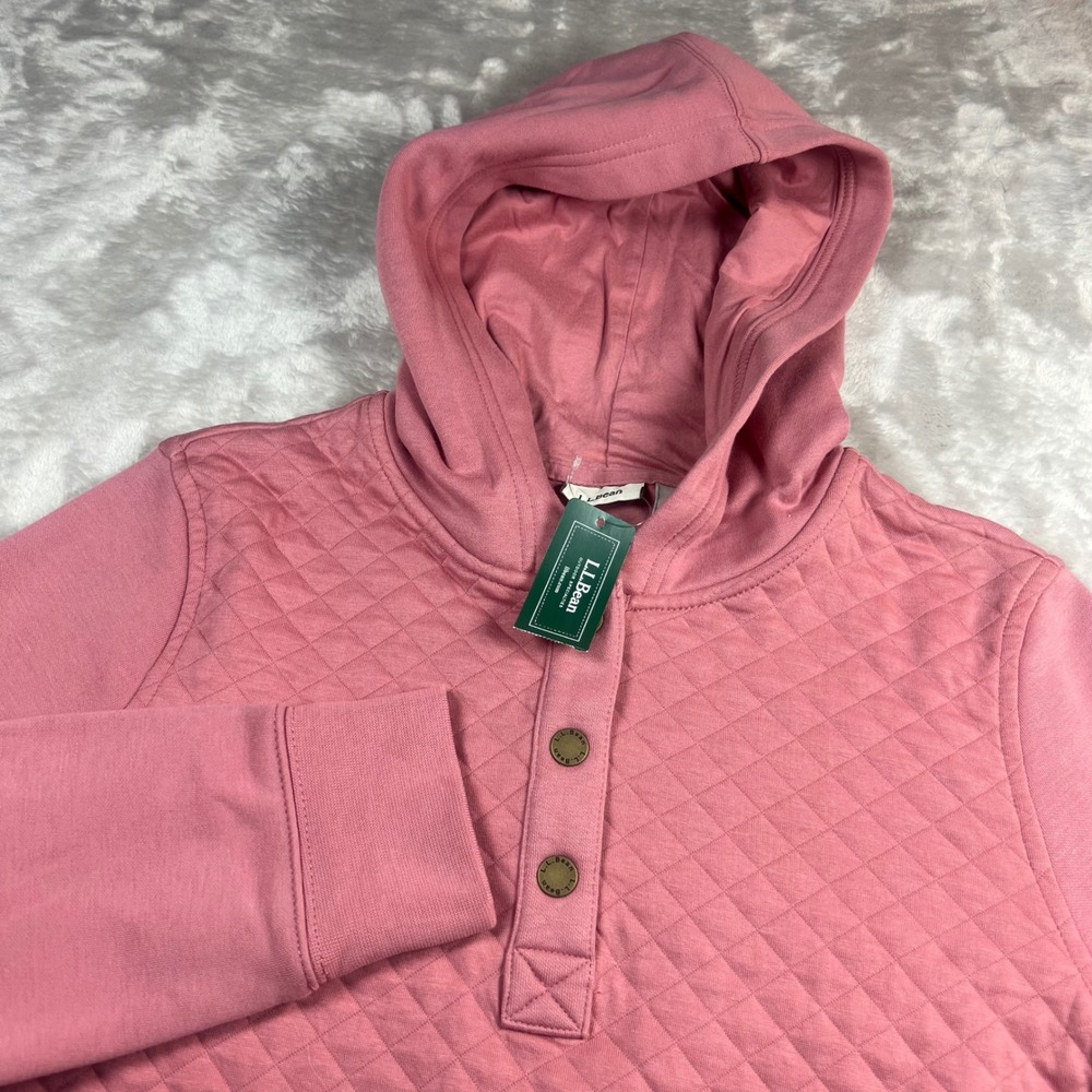 NWT L.L. Bean Women M Regular Sweatshirt Pink Quilted Hoodie Rose Wash 1/4 Snap